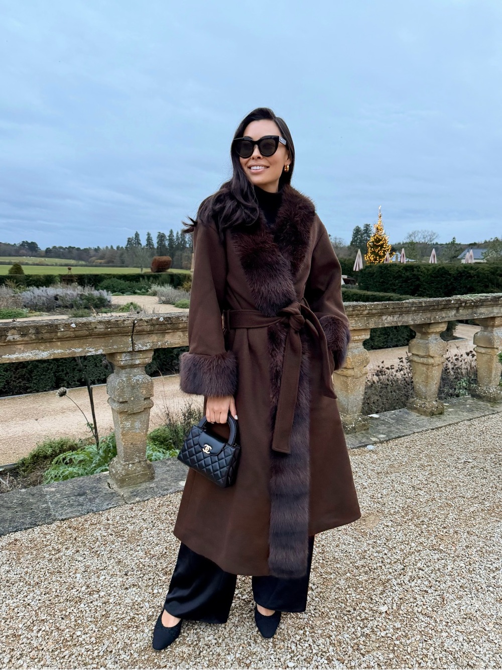 LPA Chocolate Brown Faux Fur-Trim Belted Trench Coat